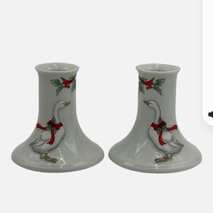 Vtg 80s (2) Porcelain Tapered Candle Holders Christmas Raised Goose Geese Japan